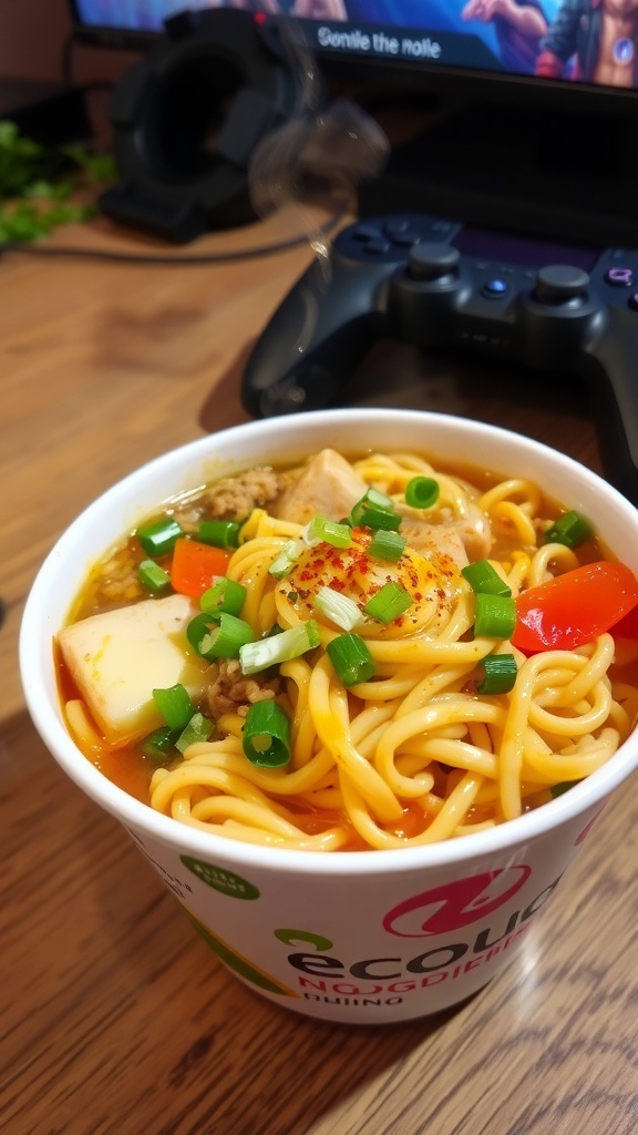 A bowl of cup noodles with vegetables and protein, garnished with green onions, next to a gaming controller.